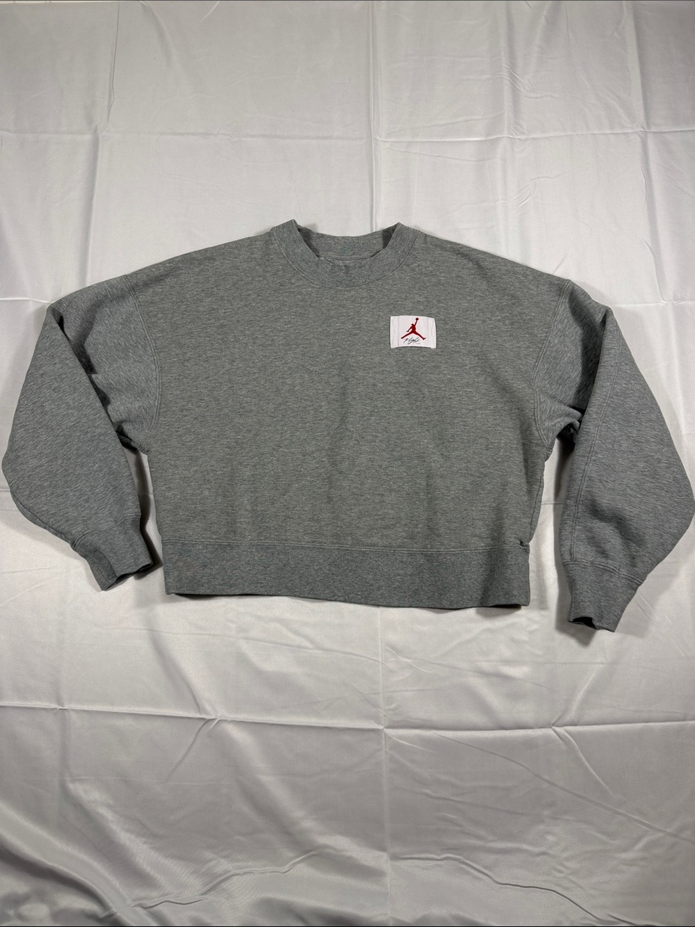 Jordan Gray Cropped Crewneck Sweatshirt with Red Jumpman Patch